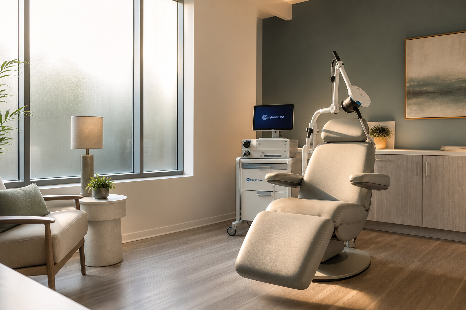Calm, modern TMS treatment room at Anywhere Clinic Calm Clinic in Las Vegas for veteran mental health care